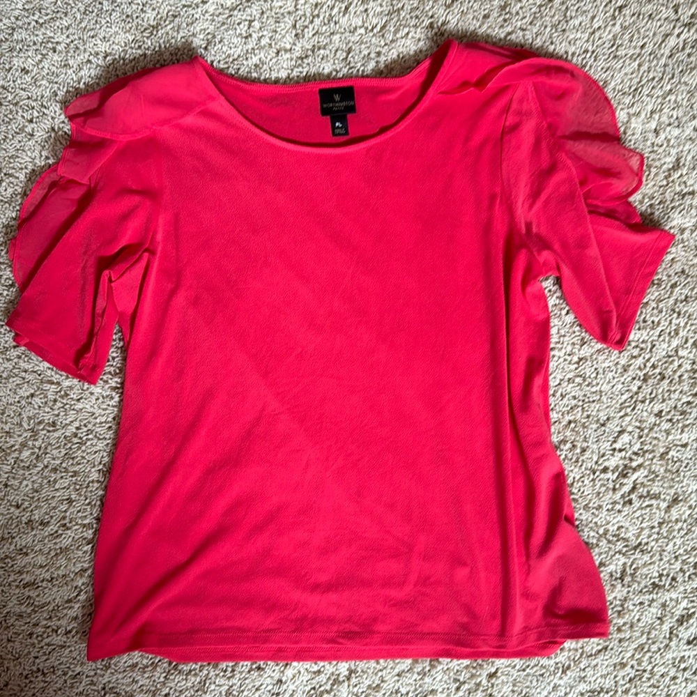 Worthington Hot Pink Short Flutter Sleeve Dress Shirt Size Petite Large